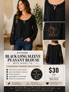 Shyanne Black Long Sleeve Peasant Blouse with Tassel Tie